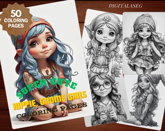 May include: A set of 50 coloring pages featuring illustrations of cute hippie gnome girls. The cover image shows a girl with blue hair wearing a headband and a necklace. The text "SUPER CUTE HIPPIE, GNOME GIRLS COLORING PAGES" is written in green and yellow letters.