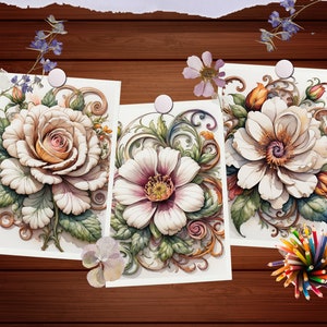 May include: Three framed floral illustrations with intricate details. Each illustration features a different type of flower with a white background and gold accents.