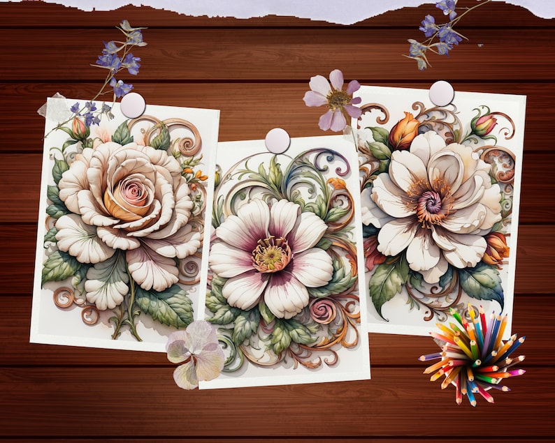 May include: Three framed floral illustrations with intricate details. Each illustration features a different type of flower with a white background and gold accents.