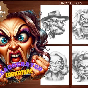 Exaggerated Caricature Coloring Book: 80 Page Grayscale Art (Printable PDF)