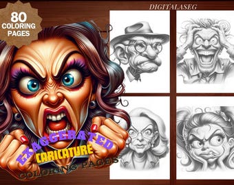Exaggerated Caricature Coloring Book: 80 Page Grayscale Art (Printable PDF)