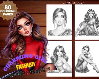 Girl Fashion Coloring Book: 80 Page Grayscale Illustrations (Printable PDF)
