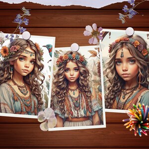May include: Three framed images of girls with long brown hair wearing floral crowns and bohemian style clothing. The images are set against a wood background with flowers and a pencil holder.