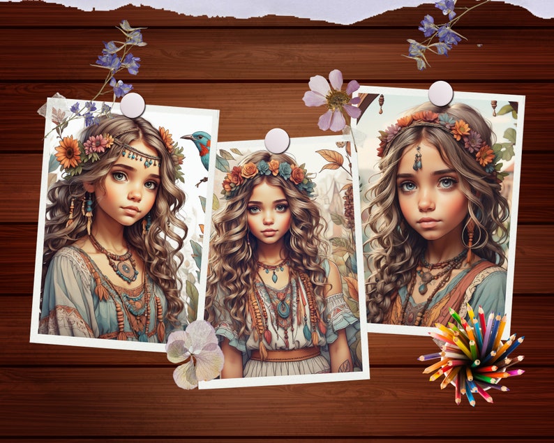 May include: Three framed images of girls with long brown hair wearing floral crowns and bohemian style clothing. The images are set against a wood background with flowers and a pencil holder.