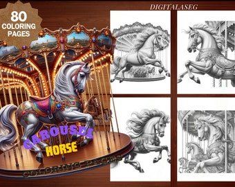 Carousel Horse Coloring Book: 80 Grayscale Pages (Printable PDF)
