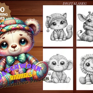 Könnte beinhalten: Ein Set mit 100 Malvorlagen mit Patchwork-Tieren. Das Titelbild zeigt einen niedlichen Patchwork-Bären mit einer Schleife. Die anderen Bilder zeigen eine Katze, eine Giraffe, einen Affen und einen Löwen.