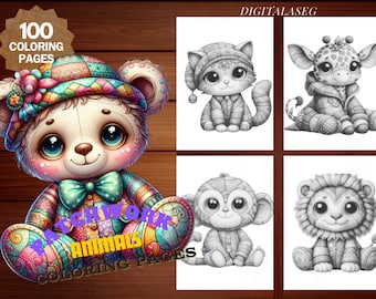 May include: A set of 100 coloring pages featuring patchwork animals. The cover image shows a cute patchwork bear with a bow tie. The other images show a cat, giraffe, monkey, and lion.