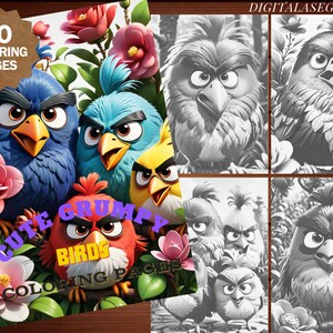 Op de afbeelding: Een kleurboek met 80 pagina's met schattige en knorrige vogels. De omslag toont een groep kleurrijke vogels met boze gezichtsuitdrukkingen, omringd door bloemen. De titel van het boek is "Cute Grumpy Birds Coloring Pages".