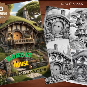 Hobbit House Coloring Pages (40 Pages) Adult Coloring Book, Grayscale, light grayscale, Instant Download, Printable PDF. Files.