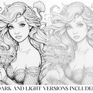 Puede incluir: Un dibujo en blanco y negro de una sirena con el pelo largo y suelto, que lleva una corona de conchas. La sirena sostiene una concha en su mano. El dibujo est&aacute; hecho en un estilo detallado e incluye muchos detalles intrincados.