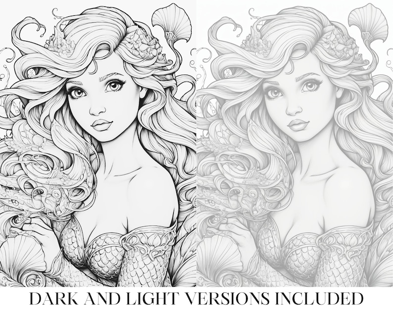 Puede incluir: Un dibujo en blanco y negro de una sirena con el pelo largo y suelto, que lleva una corona de conchas. La sirena sostiene una concha en su mano. El dibujo est&aacute; hecho en un estilo detallado e incluye muchos detalles intrincados.