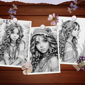 May include: Three black and white illustrations of women with long, flowing hair wearing floral headbands and bohemian-style clothing. The images are framed with white borders and pinned to a wooden background.