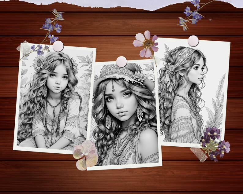 May include: Three black and white illustrations of women with long, flowing hair wearing floral headbands and bohemian-style clothing. The images are framed with white borders and pinned to a wooden background.