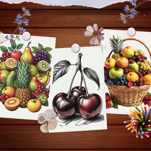 Peut inclure: Trois illustrations de fruits sur du papier blanc avec un fond en bois. La premi&egrave;re illustration montre une vari&eacute;t&eacute; de fruits, notamment des poires, des bananes, des kiwis, des ananas et des oranges. La deuxi&egrave;me illustration montre trois cerises rouge fonc&eacute;. La troisi&egrave;me illustration montre un panier de fruits, notamment des pommes, des raisins, des framboises et des myrtilles.