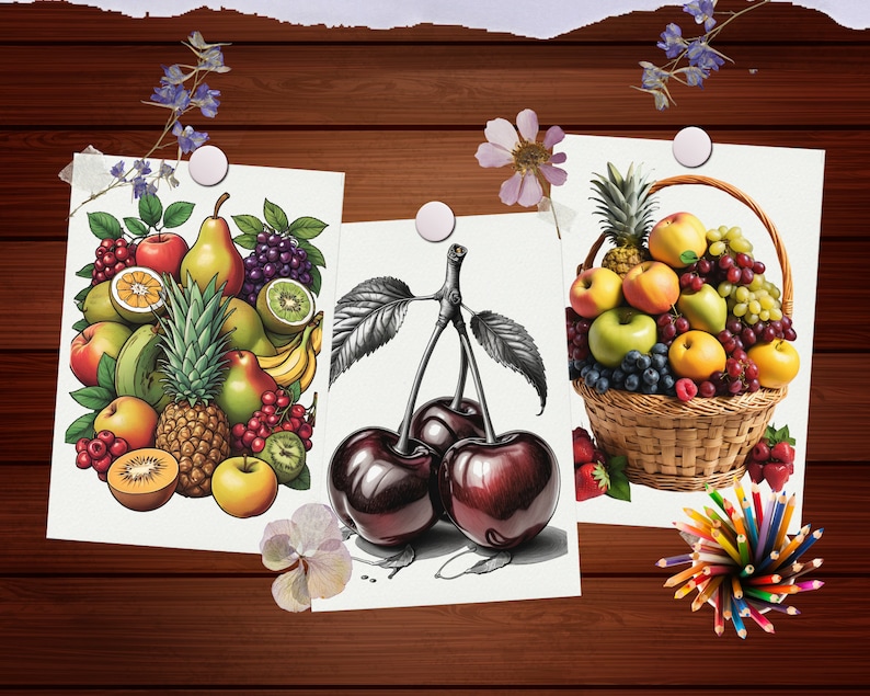Peut inclure: Trois illustrations de fruits sur du papier blanc avec un fond en bois. La premi&egrave;re illustration montre une vari&eacute;t&eacute; de fruits, notamment des poires, des bananes, des kiwis, des ananas et des oranges. La deuxi&egrave;me illustration montre trois cerises rouge fonc&eacute;. La troisi&egrave;me illustration montre un panier de fruits, notamment des pommes, des raisins, des framboises et des myrtilles.