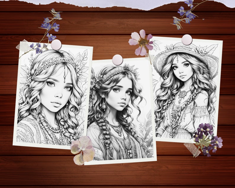 May include: Three black and white illustrations of women with long flowing hair, each wearing a different style of headwear. The woman on the left is wearing a crown of leaves, the woman in the middle is wearing a floral headband, and the woman on the right is wearing a wide-brimmed hat.