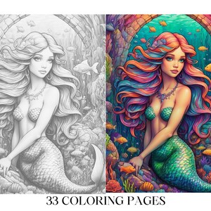 Puede incluir: Una p&aacute;gina para colorear con una sirena de pelo largo y fluido y cola. La sirena est&aacute; rodeada de peces y corales coloridos. La imagen est&aacute; en blanco y negro, lista para ser coloreada.