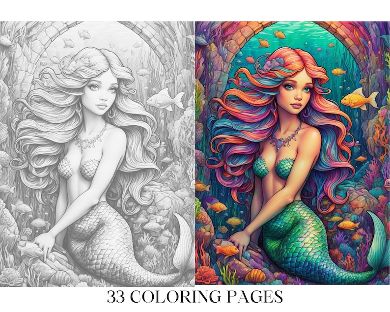 Puede incluir: Una p&aacute;gina para colorear con una sirena de pelo largo y fluido y cola. La sirena est&aacute; rodeada de peces y corales coloridos. La imagen est&aacute; en blanco y negro, lista para ser coloreada.