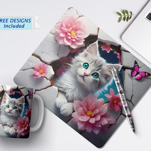 May include: A white kitten with blue eyes peeks out of a cracked wall with pink flowers and a pink butterfly. The image is on a gray and white mouse pad.