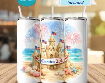 America 250 Sandcastle Tumbler 20oz, Patriotic Beach Design, 4 juli Cup, Coastal USA sublimatie wrap, Summer Ocean Tumbler