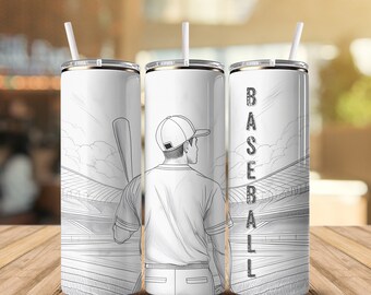 May include: Three white stainless steel tumblers with a baseball theme. One tumbler features a baseball player with a bat, another has a baseball field, and the third has the word "BASEBALL" written vertically.
