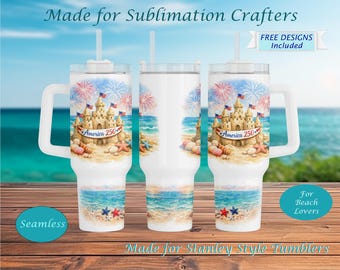 Patriotic Beach Tumbler 40oz, America 250 Sandcastle Wrap, 1776 2026 Fireworks Ocean Design, Coastal Sublimation, Stanley Style Cup