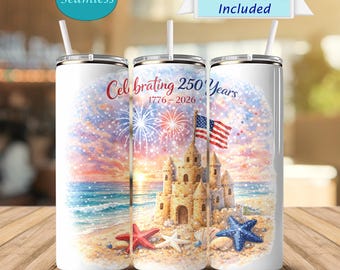Viering 250 jaar Tumbler 20oz, Patriotic Sunset Beach Cup, 1776-2026 USA Design, Fireworks Ocean Wrap, Coastal 4 juli cadeau