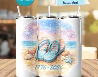1776-2026 Teenslippers Tumbler 20oz, Patriotic Beach Cup, America 250 Coastal Design, Fireworks Ocean Wrap, 4 juli cadeau
