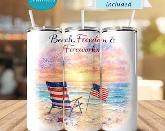 Patriottische strandbeker Wrap 20oz mager sublimatieontwerp kustvuurwerk VS zomer digitale download png-bestand