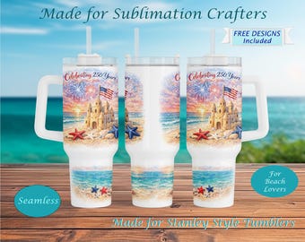 Patriotic Beach Tumbler 40oz, America 250 Sandcastle Wrap, 1776 2026 Fireworks Ocean Design, Coastal Sublimation, Stanley Style Cup