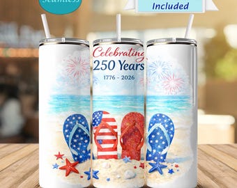 250-jarig jubileum beker 20oz, patriottische teenslippersbeker, 1776-2026 strandontwerp, VS omslag met kustvuurwerk, zomercadeau: 4 juli