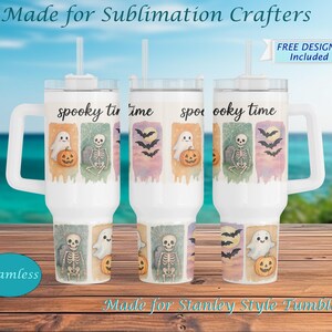 May include: White Halloween-themed tumblers with handles, featuring spooky graphics of ghosts, skeletons, pumpkins, and bats. The text "spooky time" is displayed on the tumblers. The tumblers are designed for sublimation crafting.