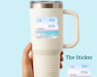 Sticker strand positieve bevestiging | Sticker geestelijke gezondheid | Kalmerende oceaancitaat vinyl | Sticker waterfles laptop telefoon