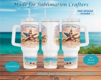 Patriottische zeesterbeker 40oz, 1776 2026 strandomslag, Coastal Americana Ocean Design, 4 juli sublimatie, Stanley Style Cup