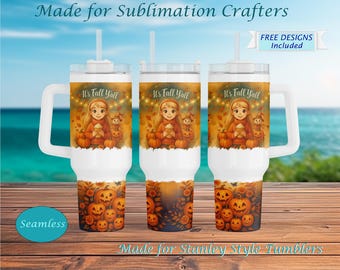 Envoltorio para vaso "Es otoño, chicos" / Diseño de sublimación para taza Stanley de 40 oz / Chica otoñal con calabazas / Envoltorio otoñal sin costuras / Calabaza con especias PNG