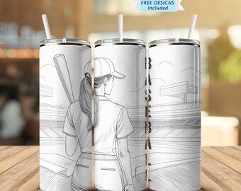 May include: A white stainless steel tumbler with a black and white illustration of a baseball player standing in a baseball stadium. The text "BASEBALL" is written vertically on the right side of the tumbler.