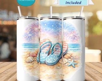 Blauwe teenslipper 20 oz, beker aan kust, zomer oceaanontwerp, zachte aquarel wrap, ontspannende drinkgerei aan zee