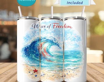Patriotic Wave Tumbler 20oz, Land of the Free Waves of the Brave, America 250 Coastal Design, Beach Ocean Fireworks Wrap, 4 juli Cup