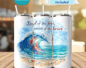 Patriotic Wave Tumbler 20oz, Land of the Free Waves of the Brave, America 250 Coastal Design, Beach Ocean Fireworks Wrap, 4 juli Cup