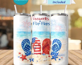 Beker met vuurwerk en teenslippers 20 oz, patriottische strandbeker, 4 juli kustontwerp, rood wit blauw zomeromslag, oceaanbeker VS