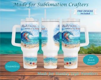 Patriotic Wave Tumbler 40oz, Waves of the Brave, Coastal Ocean USA Design, 4 juli sublimatie wrap, Stanley Style Cup