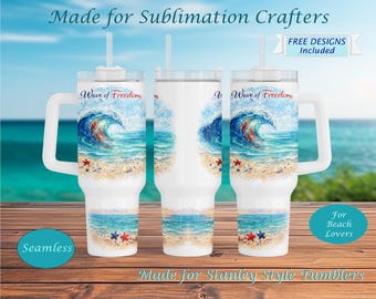 Patriotic Wave Tumbler 40oz, Waves of the Brave, Coastal Ocean USA Design, 4 juli sublimatie wrap, Stanley Style Cup