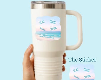Sticker strand positieve bevestiging | Sticker geestelijke gezondheid | Kalmerende oceaancitaat vinyl | Sticker waterfles laptop telefoon