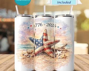 Patriottische zeester beker 20oz, Amerika 1776-2026 kustontwerp, Fourth of July strand sublimatie wrap, zomer VS cadeau