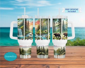 40oz beer in bos-beker – mokontwerp met natuurtafereel – geïsoleerde reisbeker sublimatieontwerp voor liefhebbers van kamperen en dieren in het wild