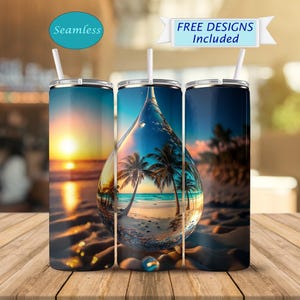 May include: A set of three stainless steel tumblers with a beach scene inside a water drop. The scene includes palm trees, a beach, and a sunset.
