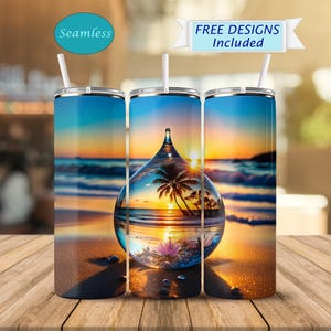 May include: A stainless steel tumbler with a colorful sunset beach scene inside a water drop. The tumbler is perfect for enjoying your favorite beverage.