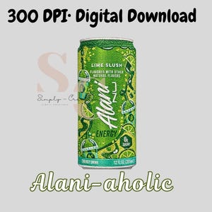 May include: A green Alani Nu energy drink can with lime-themed graphics. The can reads "Lime Slush" and "Energy" with "0g Sugar." The can is 12 fl oz (355ml). The text "Alani-aholic" is below the can.