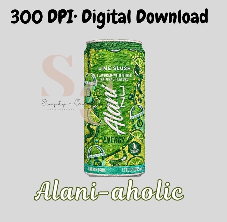 May include: A green Alani Nu energy drink can with lime-themed graphics. The can reads "Lime Slush" and "Energy" with "0g Sugar." The can is 12 fl oz (355ml). The text "Alani-aholic" is below the can.