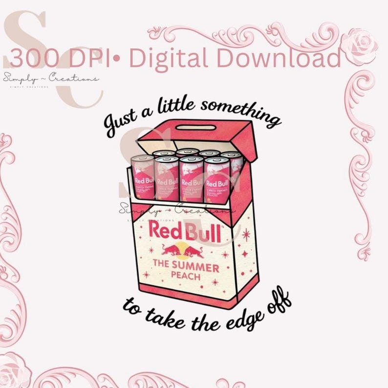 May include: Digital download graphic featuring a red and white box of Red Bull cans. The box is labeled "The Summer Peach" and includes the text "Just a little something to take the edge off."